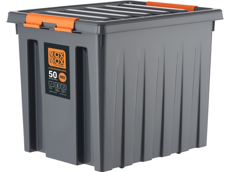 Контейнер особопрочный Rox Box PRO 50 (500х390х390 мм с крышкой и клипсами, на роликах, антрацит) купить в Омске